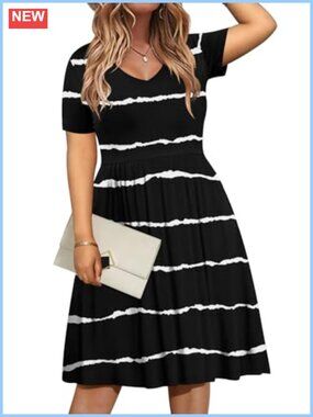 Women Plus Size Summer Casual V Neck Short Sleeve Knee Length Dress with Pockets